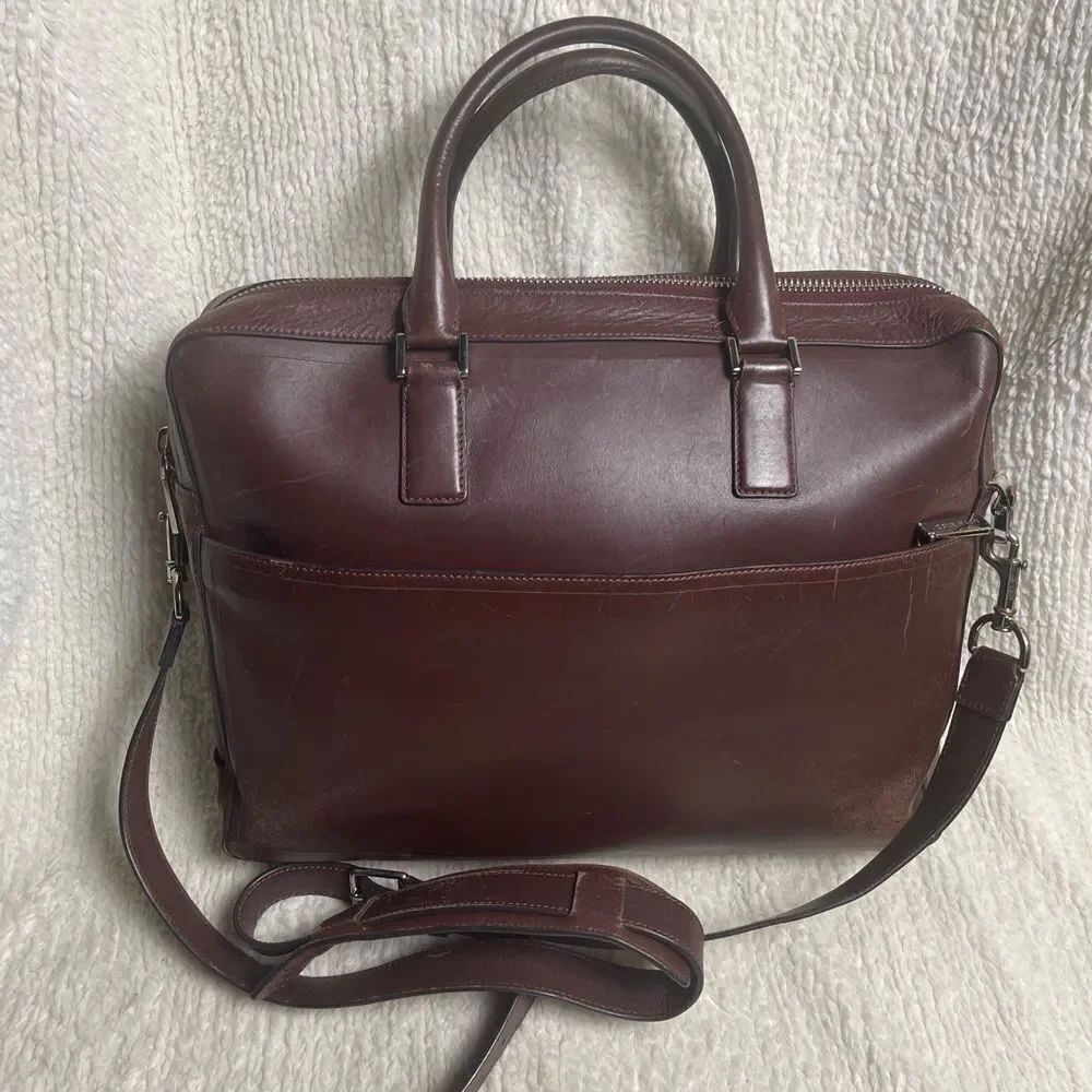 Cole Haan leather deep Brown Hamilton laptop bag with silver tone hardwares